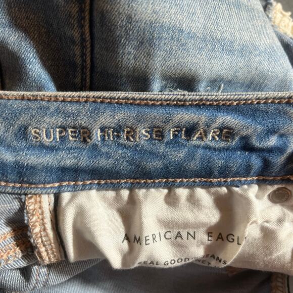 American Eagle Super Hi-Rise Flare Jeans Womens 4 Blue Denim Distressed Stretch - Picture 10 of 16
